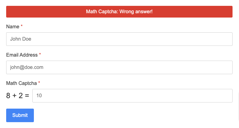 math captcha wrong answer