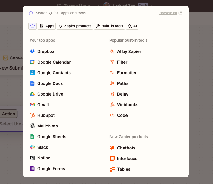 zap select action app