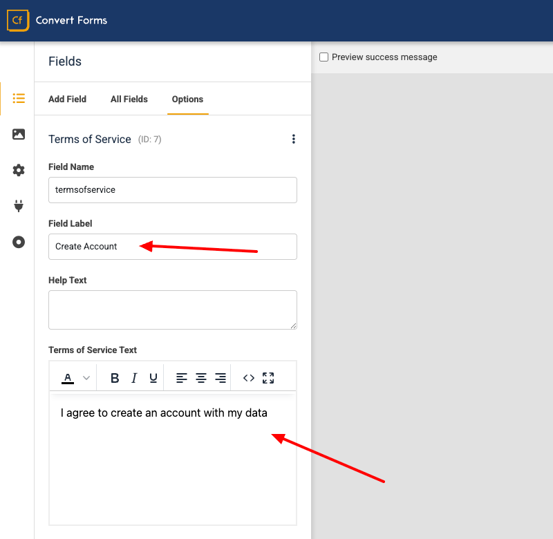 Terms Of Service Field Settings