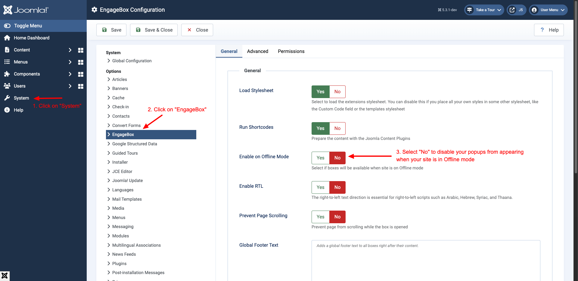 disable Joomla offline mode to hide popups