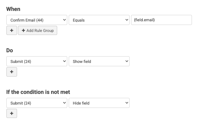 Conditional Fields Show Submit Button When Confirm Email