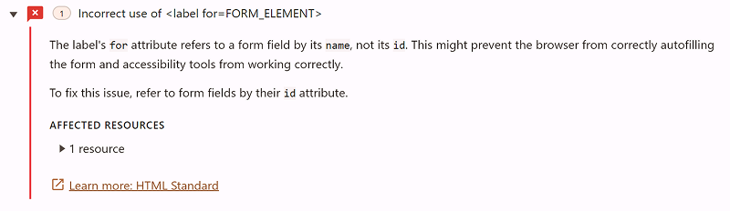 incorrect use of label for element
