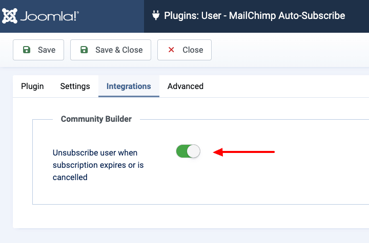 community builder enable integration toggle