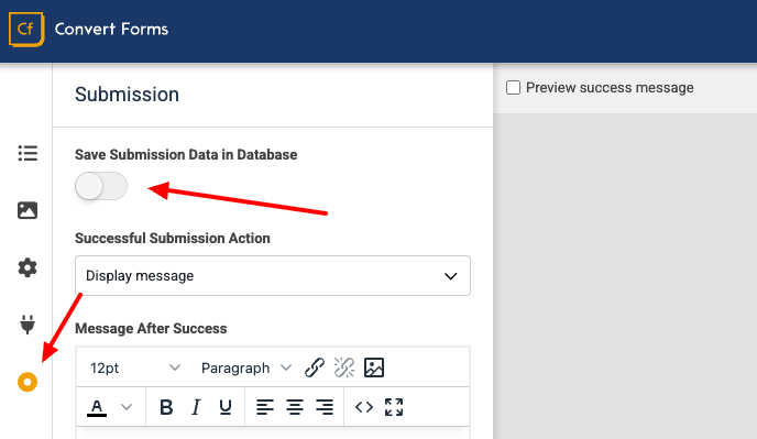 disable form submission collection in Convert Forms