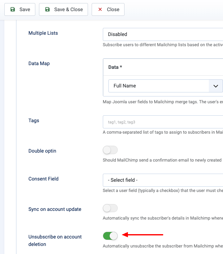 Unsubscribe from MailChimp when Joomla user account is deleted