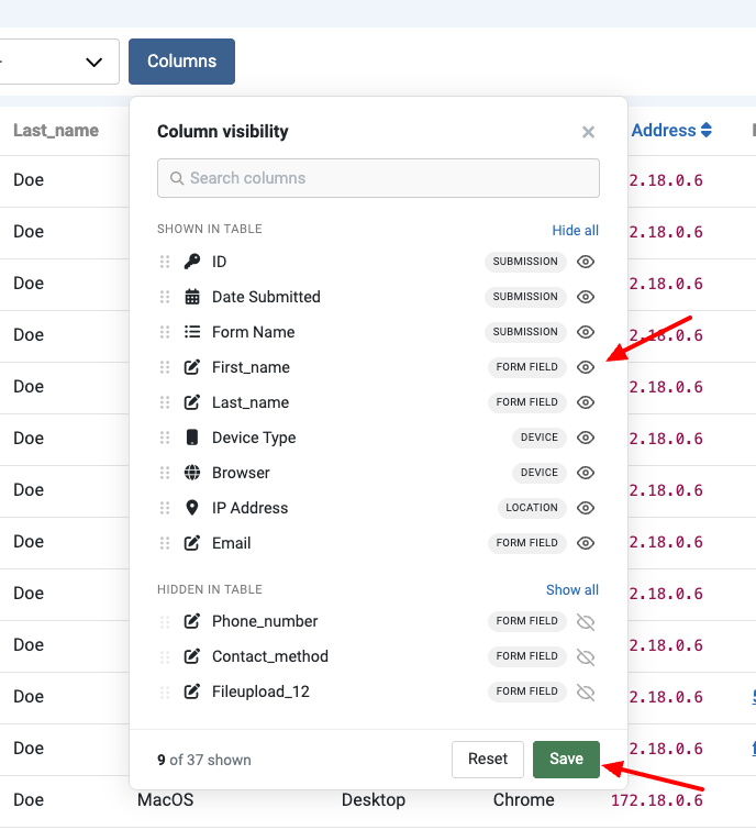 The redesigned columns picker with search, Shown in table and Hidden in table sections, and drag handles