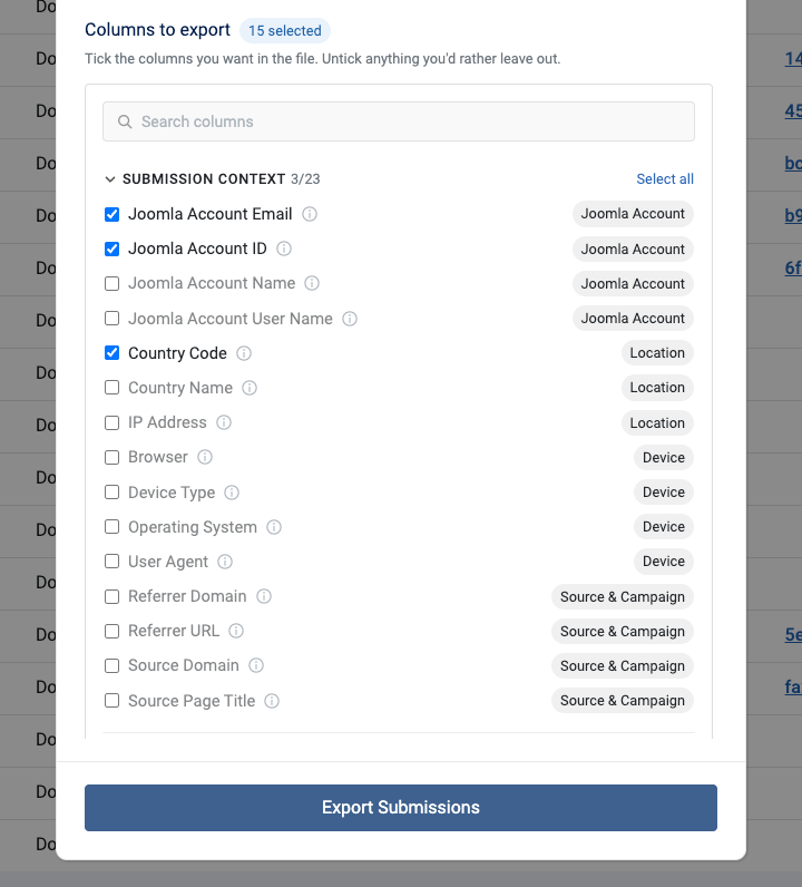 Export Submissions Properties