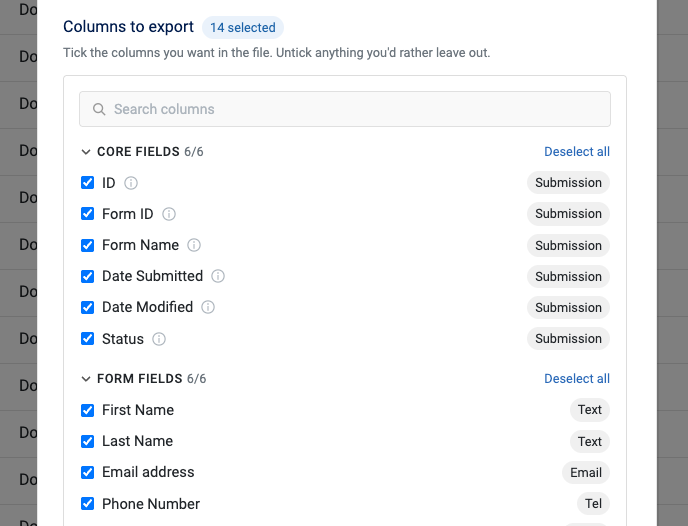 The Properties to Export picker grouping Core Fields, Form Fields, and Submission Details