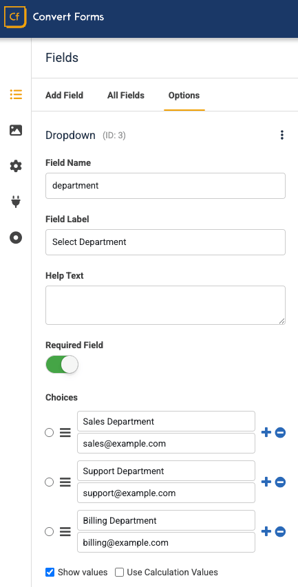 Set up the Dropdown department choices with emails as values