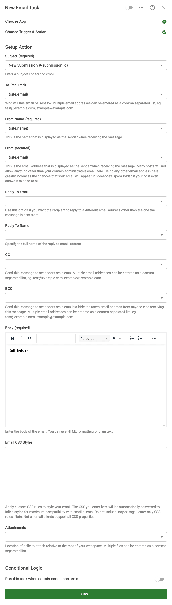 The Email Task App setup fields