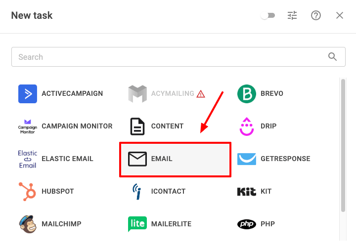 Select the Email app in Tasks