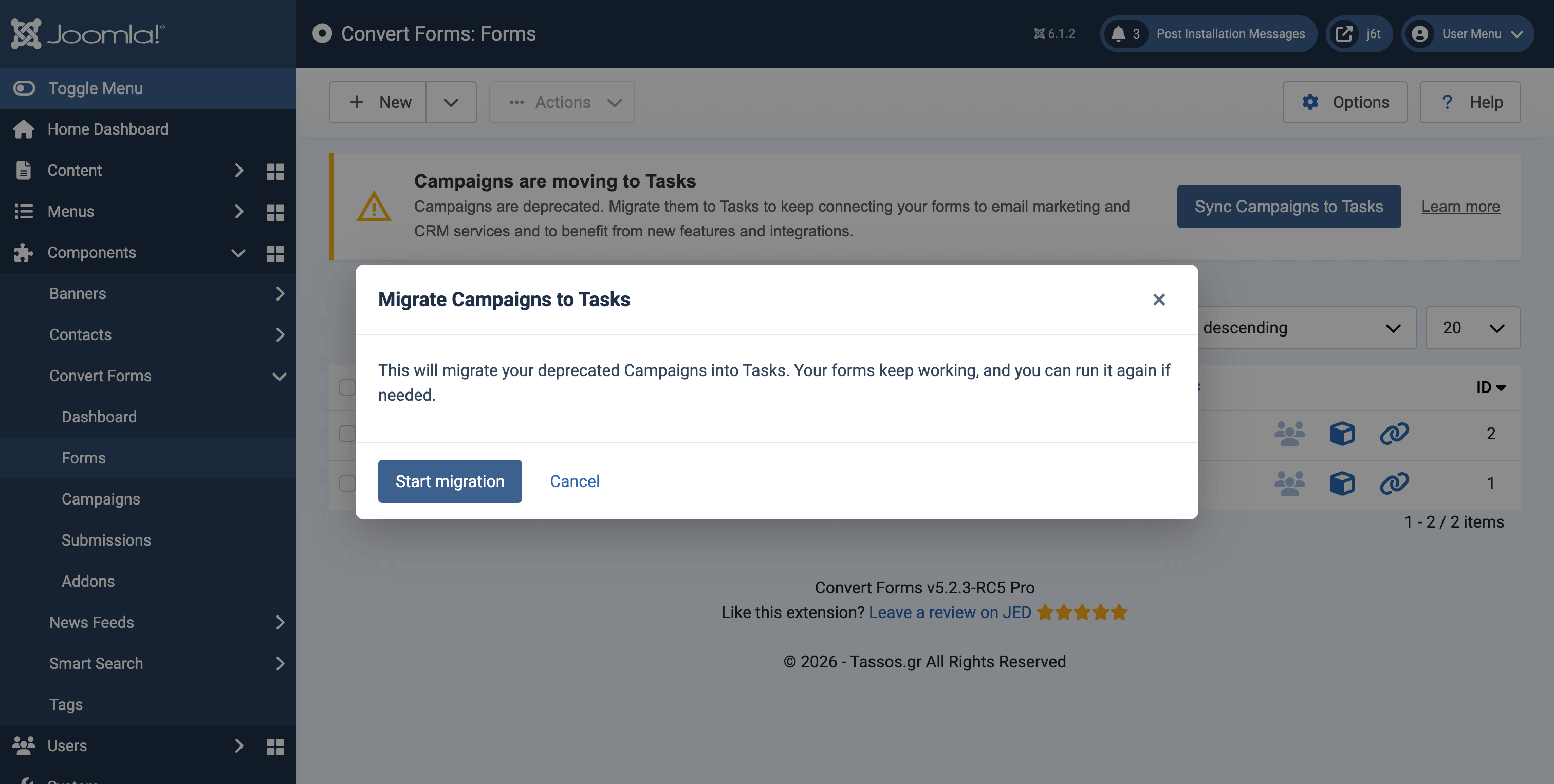 Campaigns to Tasks Migration Confirmation Modal