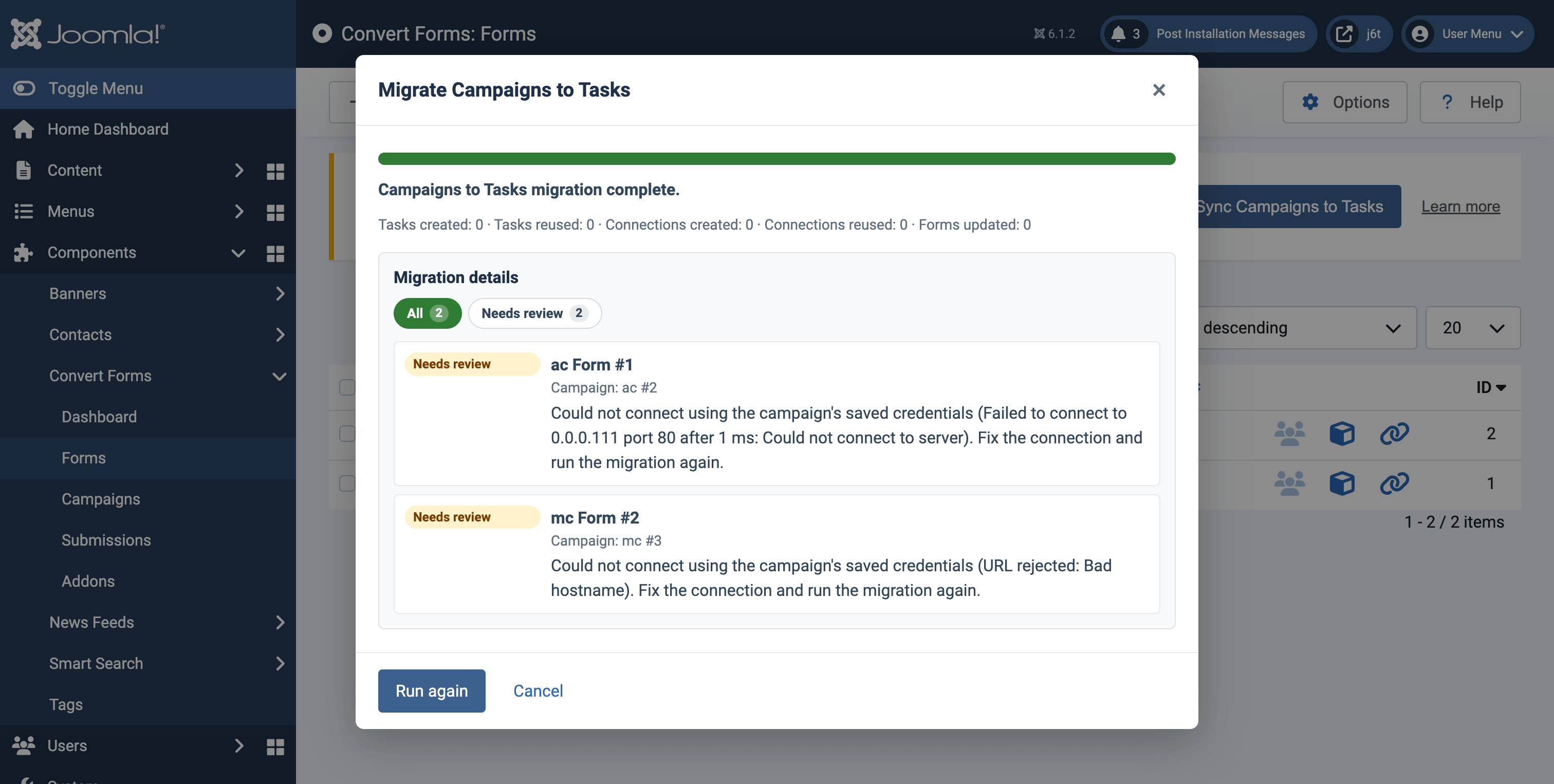 Campaigns to Tasks Migration Review Warnings