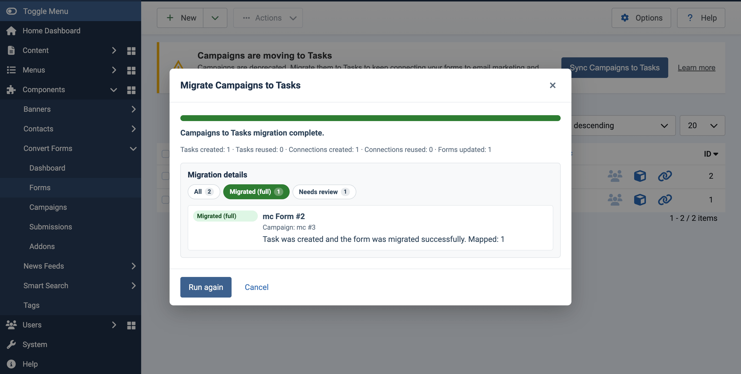 Campaigns to Tasks Migration Success