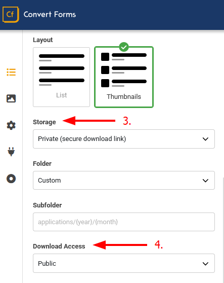 Storage, Folder, Subfolder and Download Access settings of a private Convert Forms File Upload field