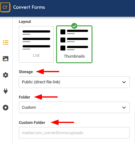 Storage, Folder and Custom Folder settings of the Convert Forms File Upload field