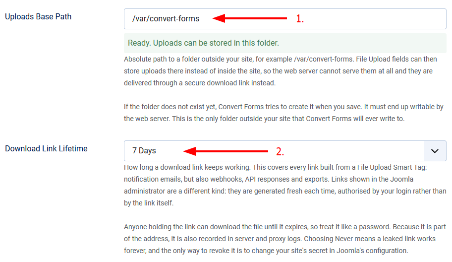 Uploads Base Path and Download Link Lifetime options in Convert Forms