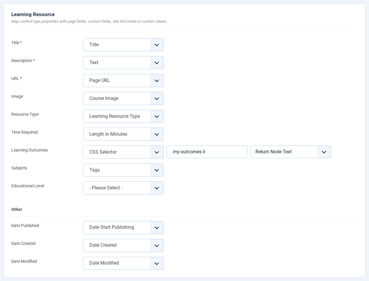 The Learning Resource schema properties