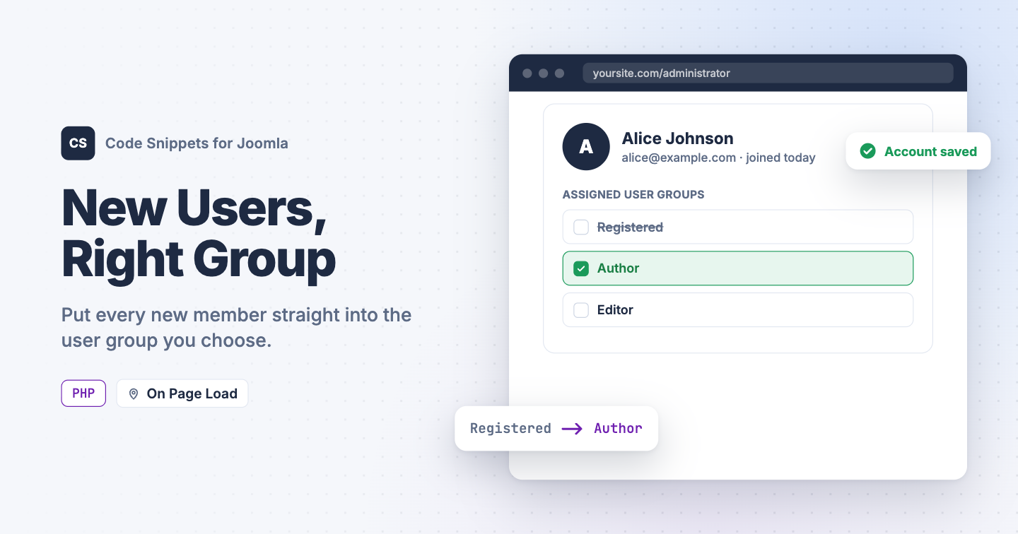 Assign New Users to a Different User Group Automatically in Joomla