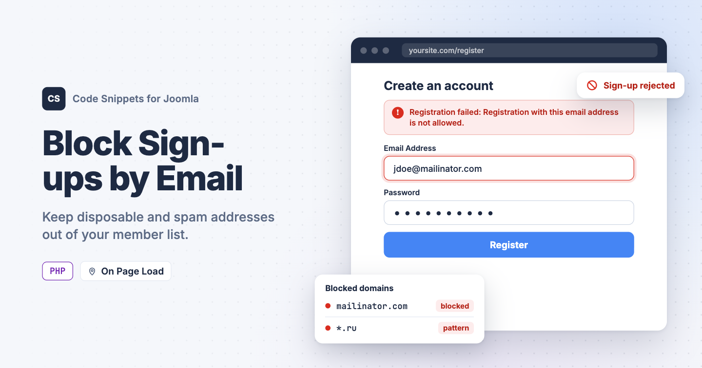 Block User Registration by Email Address in Joomla