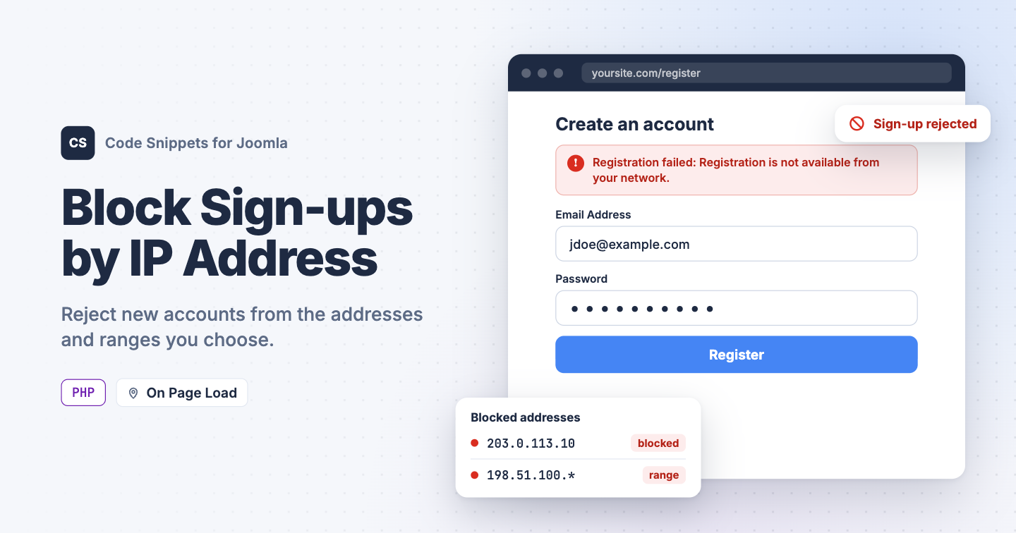 Block User Registration by IP Address in Joomla