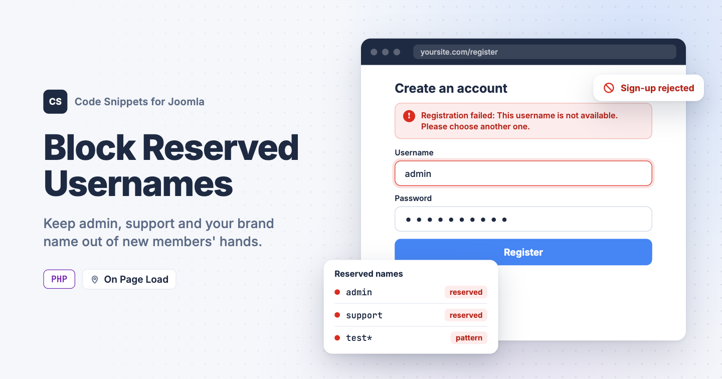 Block User Registration with Certain Usernames in Joomla