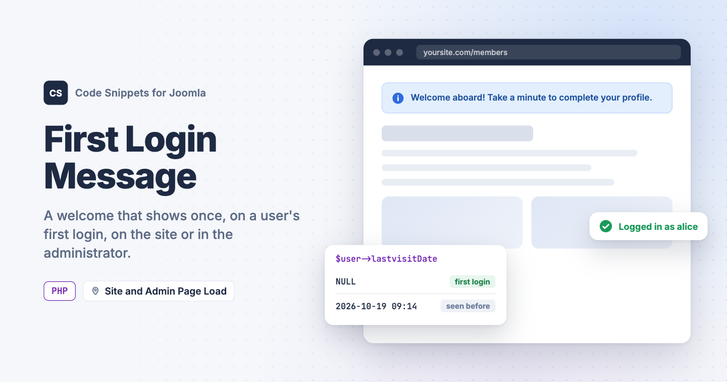 Show a Welcome Message on First Login in Joomla