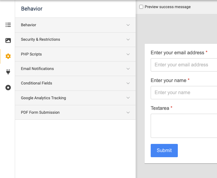Convert Forms form builder Behavior tab