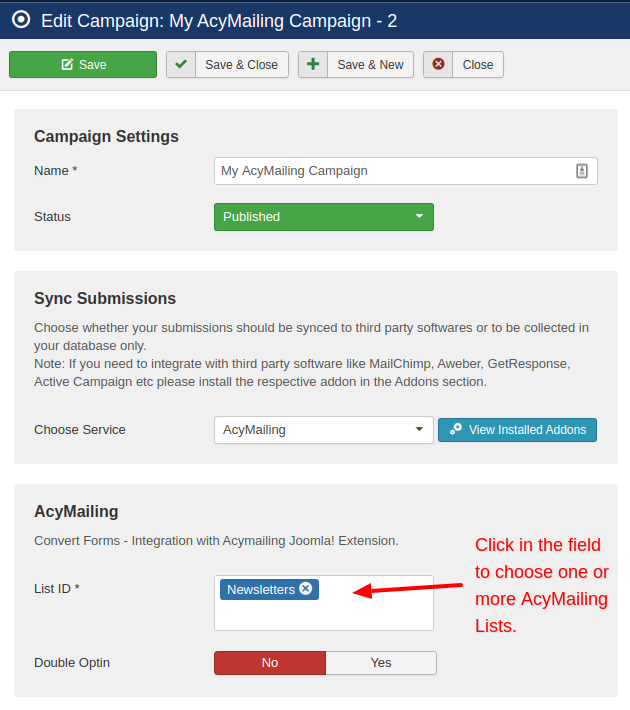 acymailing campaign convert forms