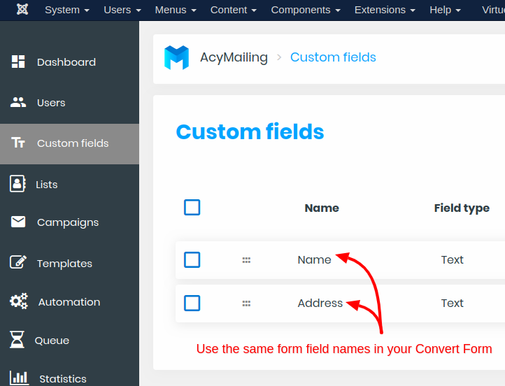 acymailing custom fields