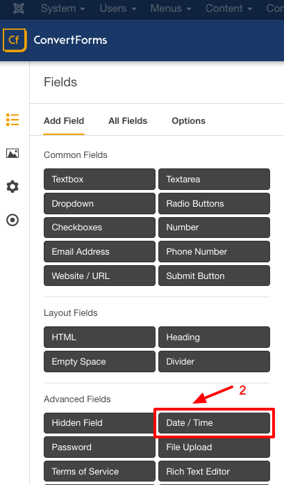 Select the Date/Time field to add it to your form