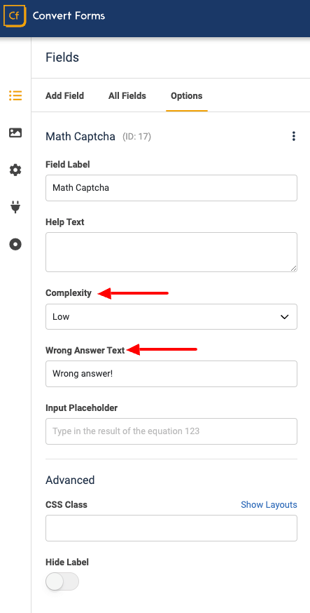 convert forms math captcha field settings