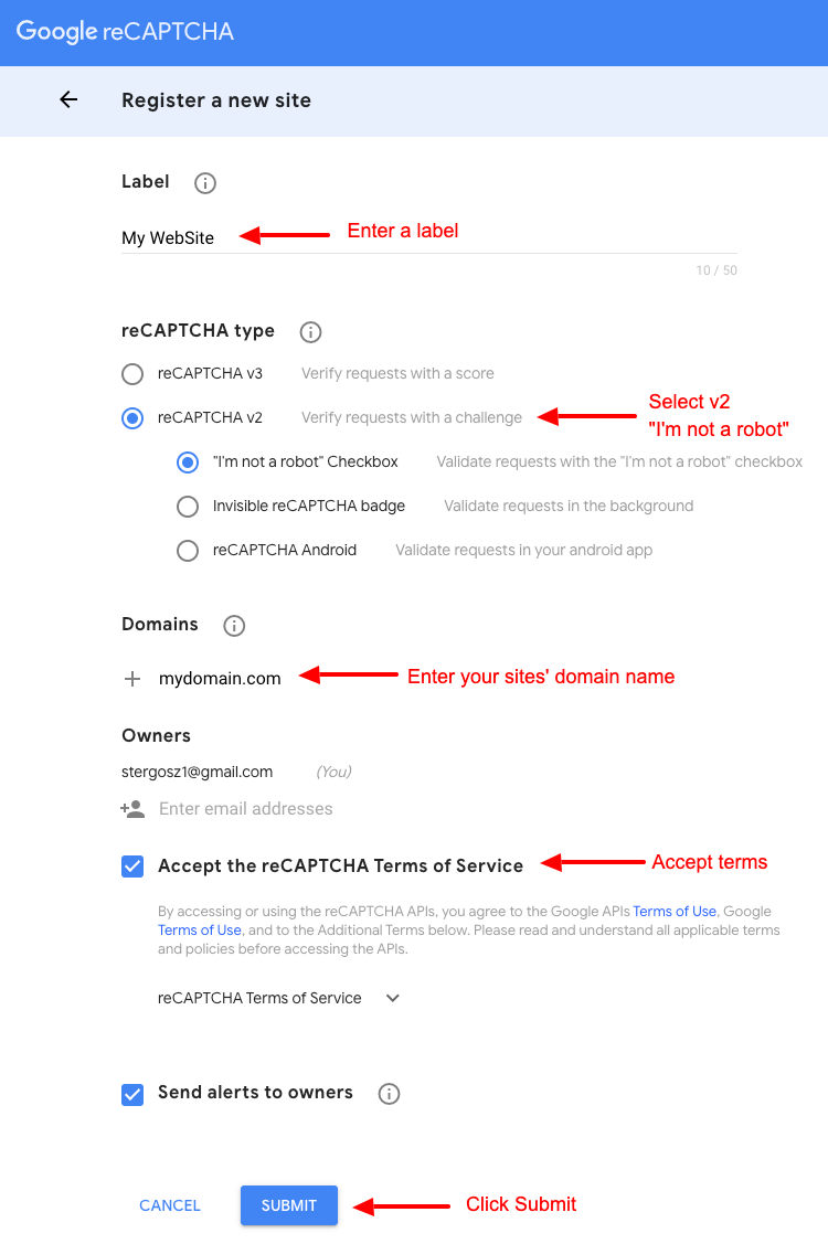 convert forms recaptcha checkbox register new site