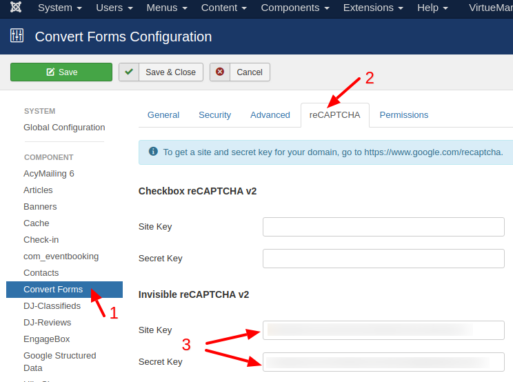 convert forms recaptcha configuration add keys