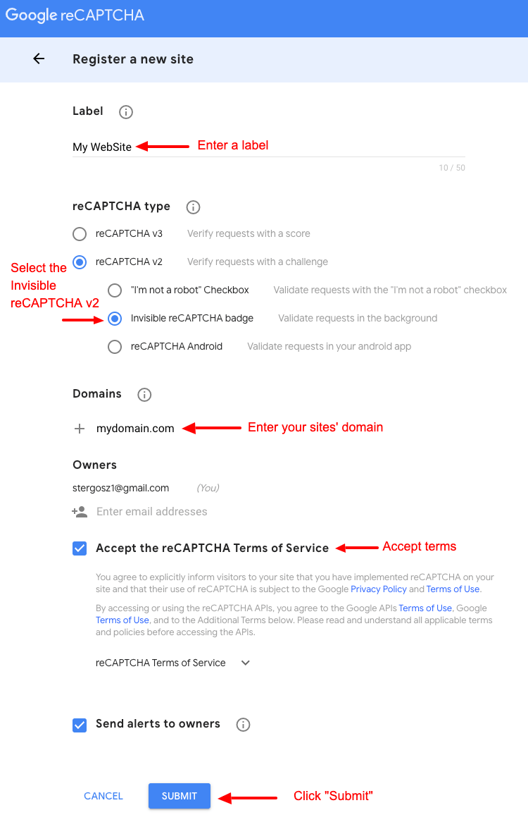 convert forms recaptcha invisible register new site