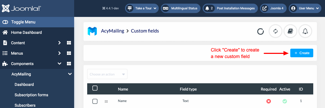 Add New Custom Field 1 AcyMailing Task