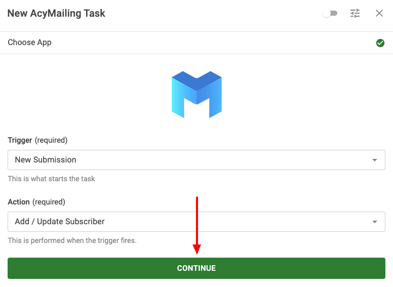 Select AcyMailing Trigger and Action