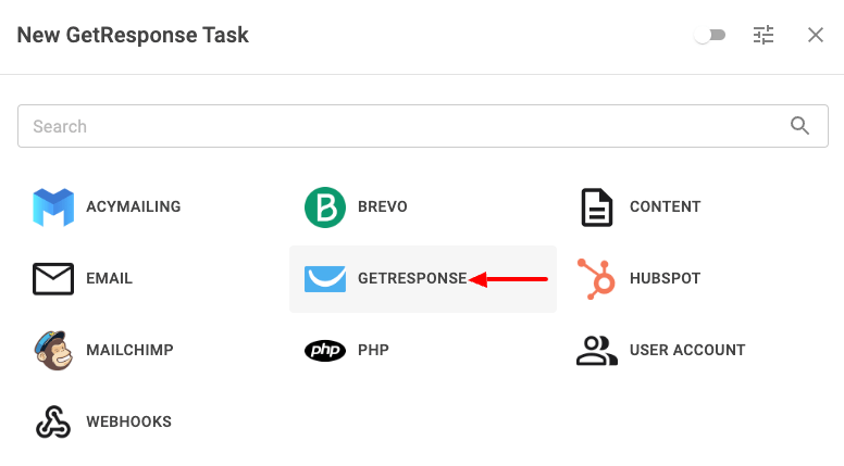 Select GetResponse Task