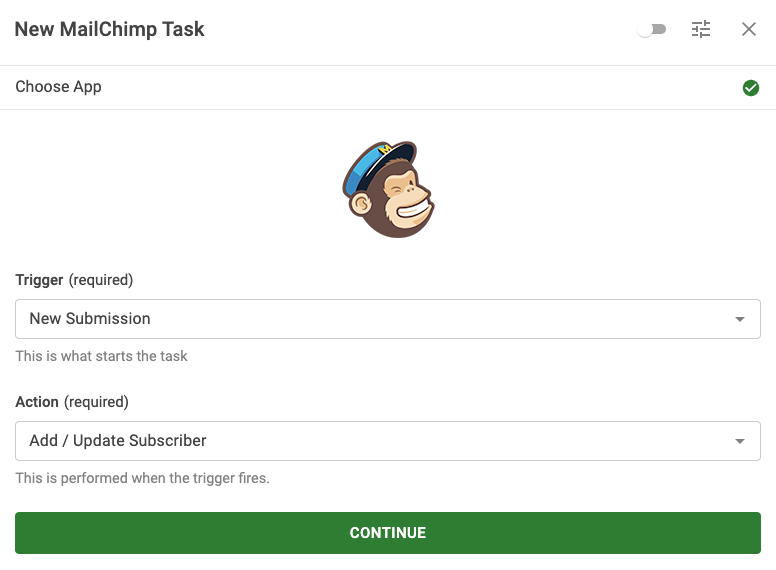 Select MailChimp Trigger and Action