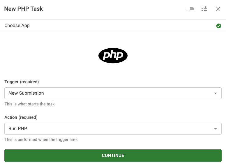 Select PHP Trigger and Action