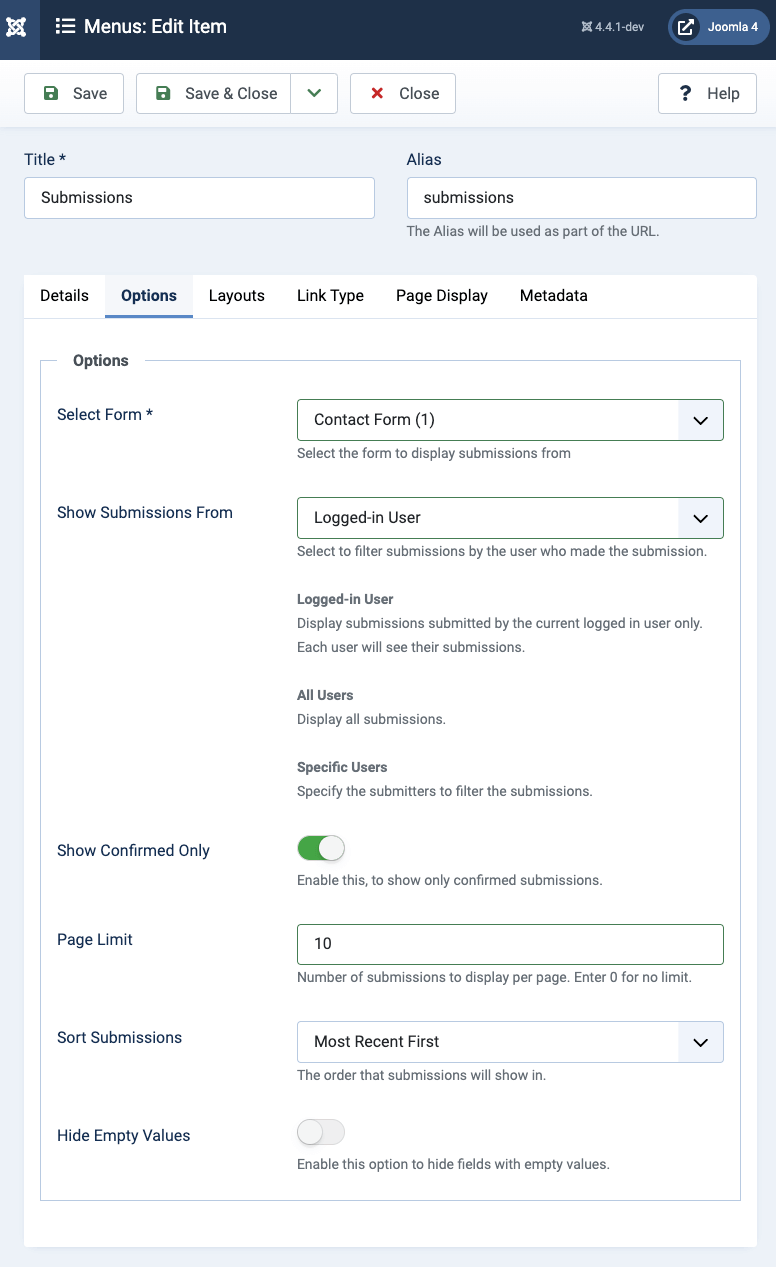 Display Form Submissions on Front End Edit Settings