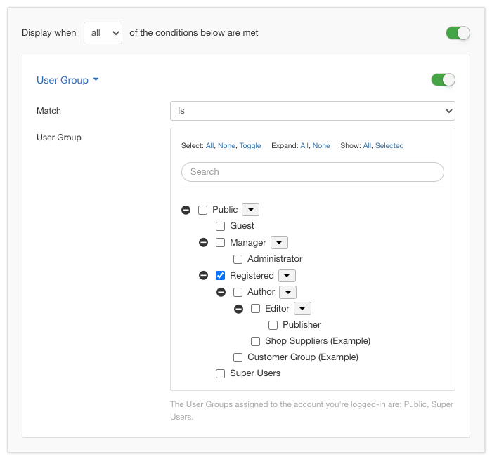 User Group Display Condition