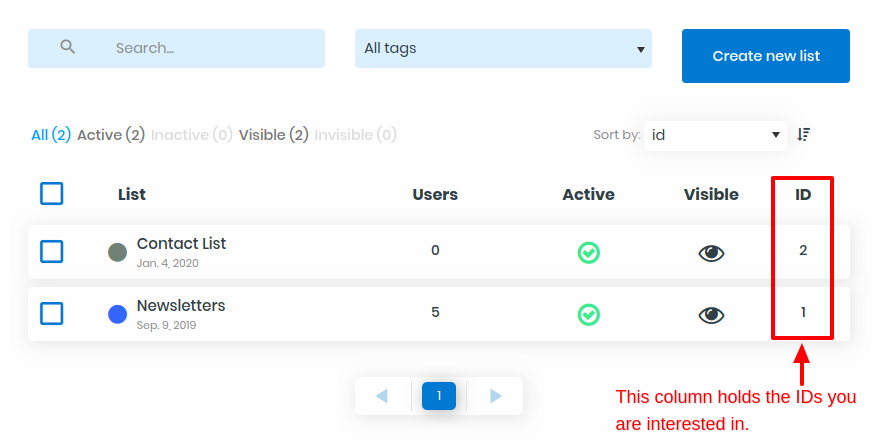 how to find the id of an acymailing list