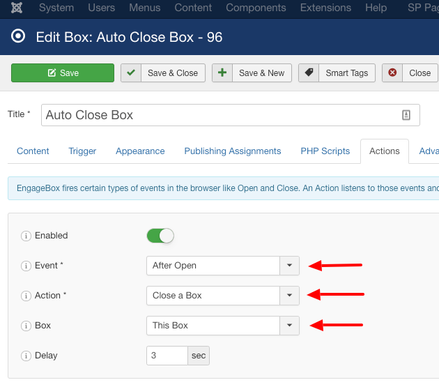 engagebox auto close timer settings