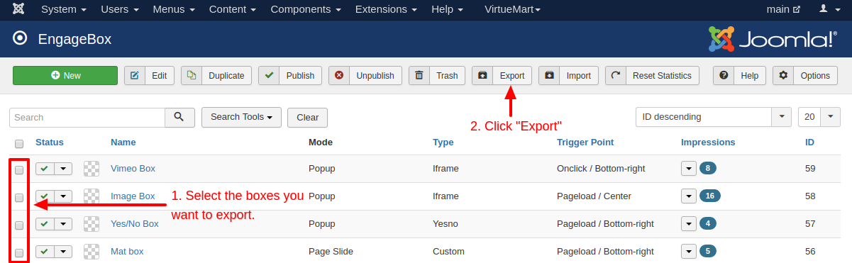 how to export your engage boxes