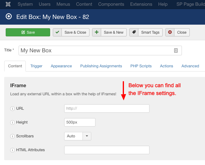 the iframe customizations for the iframe box type