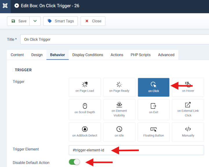 engagebox trigger options onclick