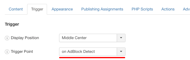 engagebox trigger on adblock detect settings