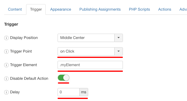 engagebox trigger on click settings