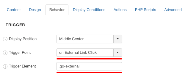 engagebox trigger on external link click settings